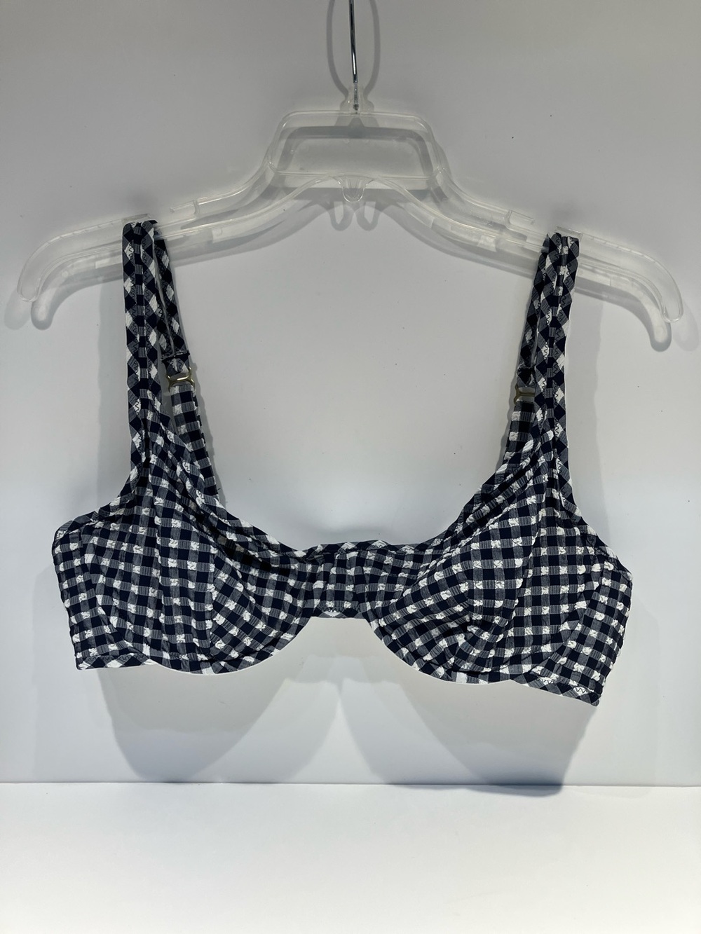 J Crew Swim Top 36D Blue Gingham Underwire Bikini Ruffle Seersucker BE750